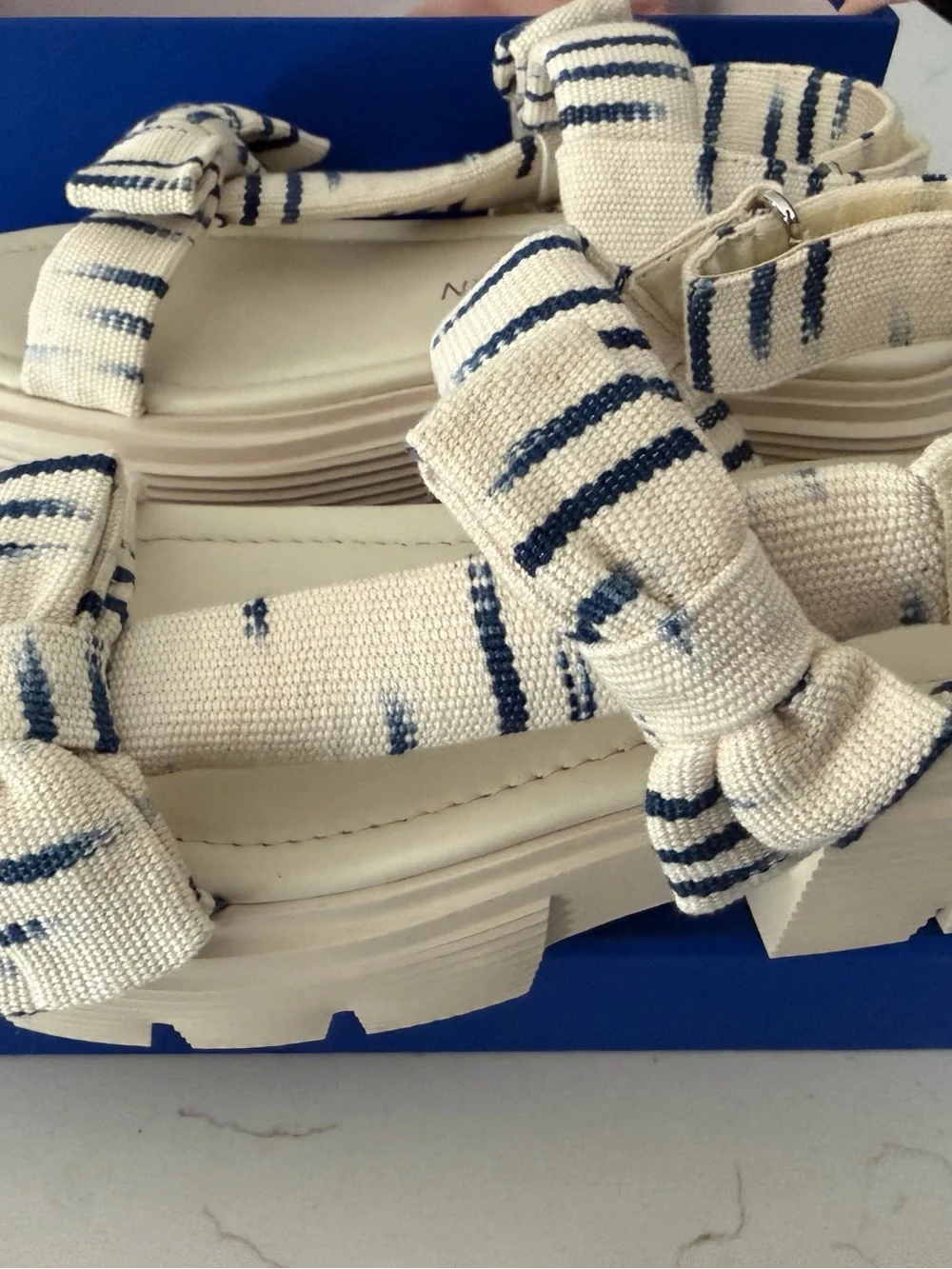 Stuart Weitzman Cream and Navy Striped Women’s Sandals
